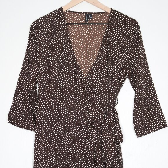Vero Moda Womens‎ Wrap Mini Dress Medium Brown White Polka Dots Ruffle Brunch - Picture 6 of 10
